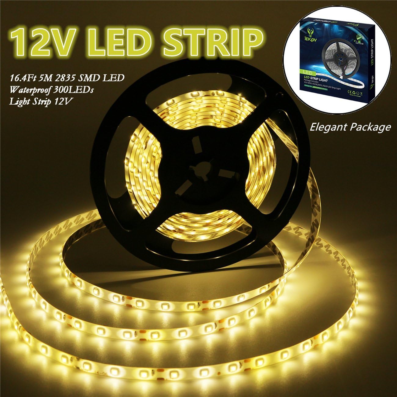Led Strip Lights, IEKOV 2835 SMD 300LEDs Waterproof Flexible Xmas Decorative Lighting Strips, LED Tape, 5M 16.4Ft DC12V, 2 Times Brightness Than SMD 3528 LED Light Strip (Warm White)