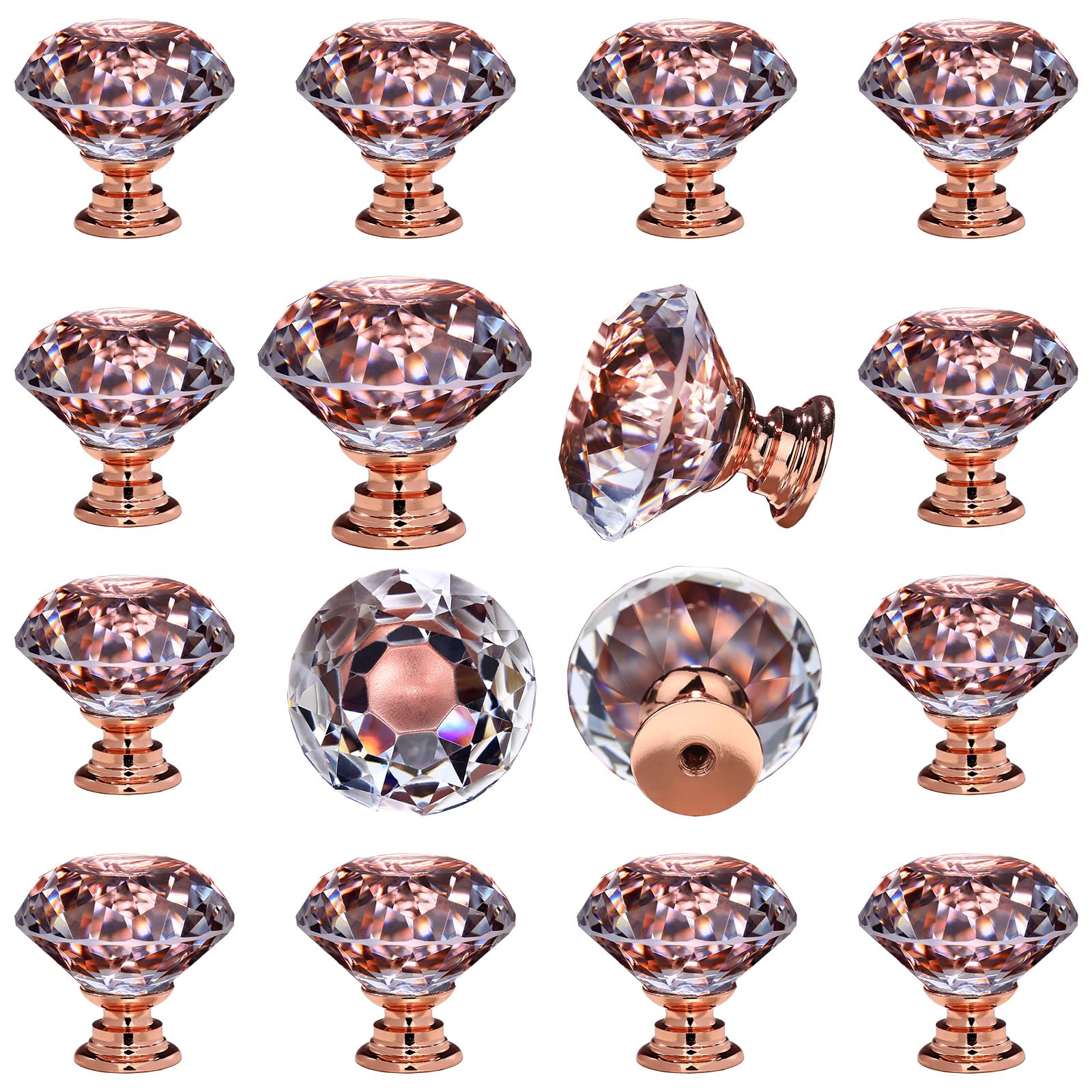 Photo 1 of DEELF 12 Packs Kitchen Cabinet Knobs, 30 mm Crystal Cabinet Knobs, Diamond Dresser Handle Drawer Pulls, Dresser Knobs for Cabinets and Drawers, Rose Gold Base