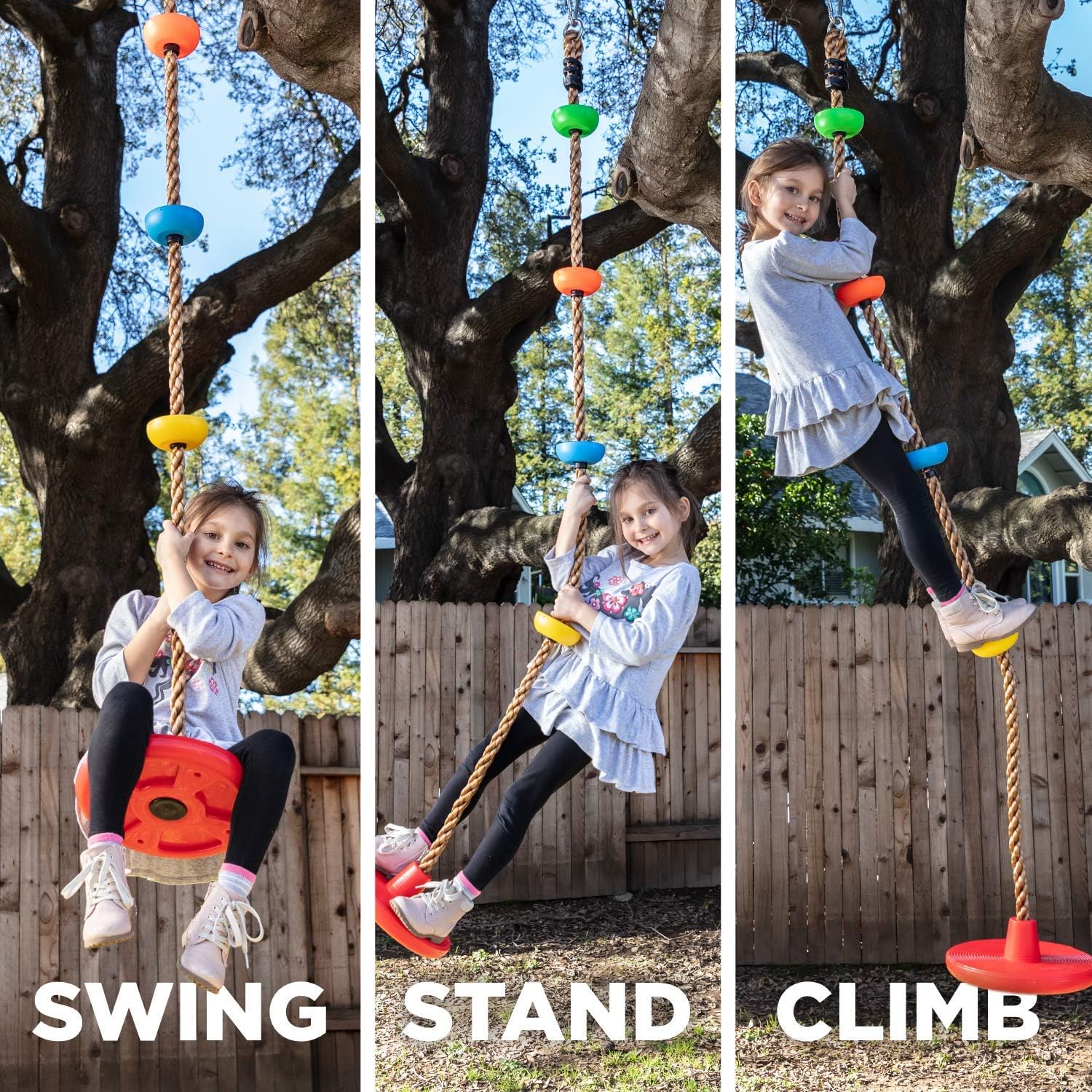 Climbing Rope Tree Swing with Platforms and Disc Swings Seat - Playground Swingset Accessories Outdoor for Kids - Trees House Tire Saucer Swing Outside Playset Toys - Carabiner and 4 Ft Tree Strap: Toys & Games