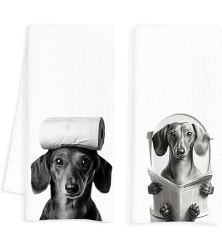 Geqtt - Lot De 2 Torchons De Cuisine En Microfibre Gaufrée - Motif Teckel Rigolo - 40,6 X 61 Cm, Super Absorbants