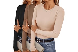 Ekouaer Women Long Sleeve Shirts 3 Packs Round Neck Stretchy Fitted Ribbed Base Layer Soft Thermal Undershirts