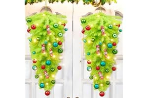 Hotop 2 Pack 36 Inch Lime Green Christmas Teardrop Swags, Prelit Artificial Swag Whimsical Wreath Garland with LED Lights, Balls and Candy Ornaments for Xmas Holiday Stair Front Door Window Decor