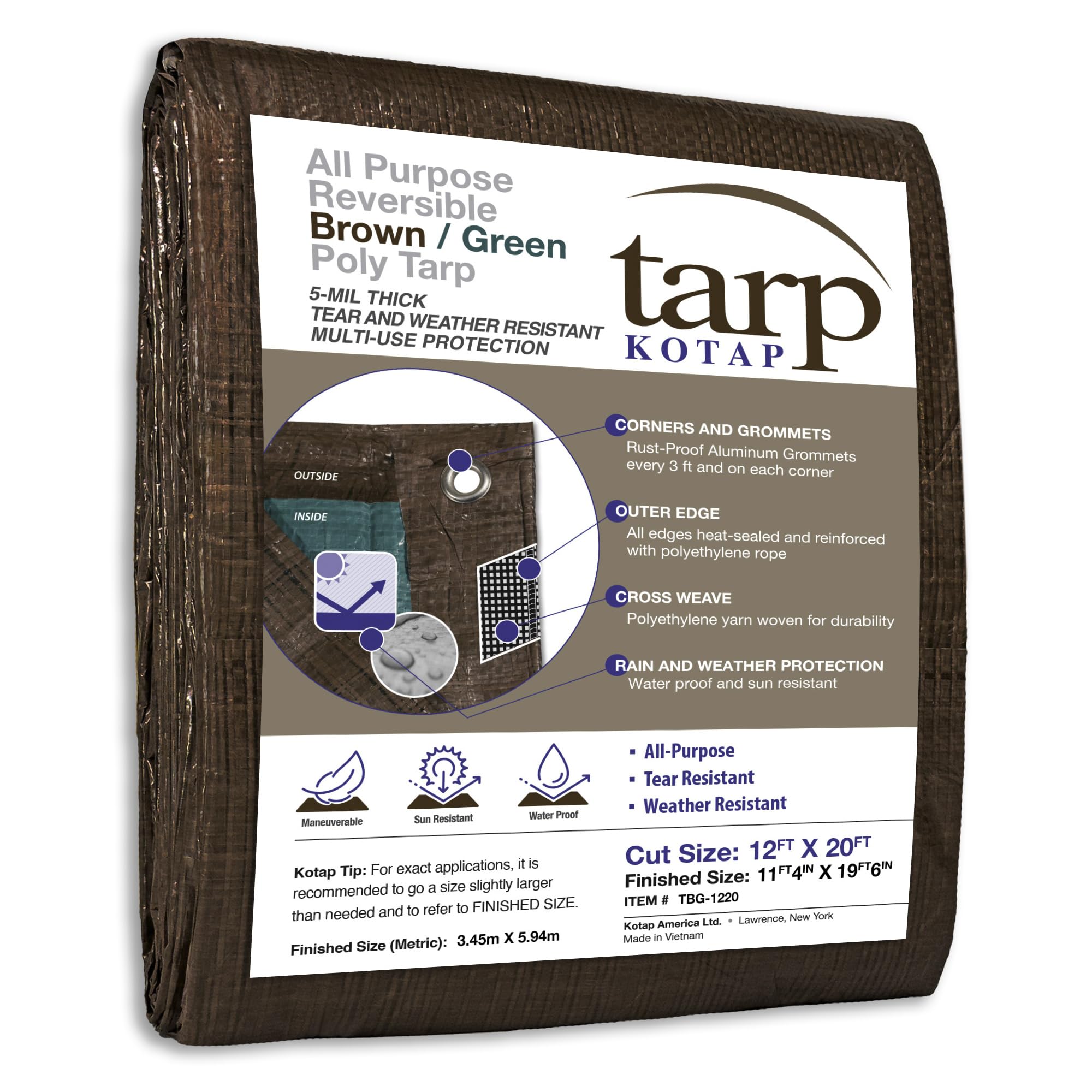 KOTAP All-Purpose Multi-Use 5-mil Poly Tarp, Reversible, Brown/Green, Cut Size 12 x 20 ft./Finished Size 11 ft. 4 in. X 19 ft. 6 in., TBG-1220, Waterproof
