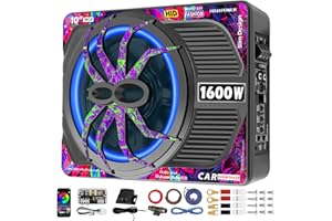 SUBPULSIX 1600W Slim Under seat Car Subwoofer with Built-In Amplifier, RGB Beat-Synced Light, Low Pass/Gain/Bass Boost Controls, Deep Bass All-in-One Subwoofer and Amp Package for Truck/SUV/Jeep/Sedan