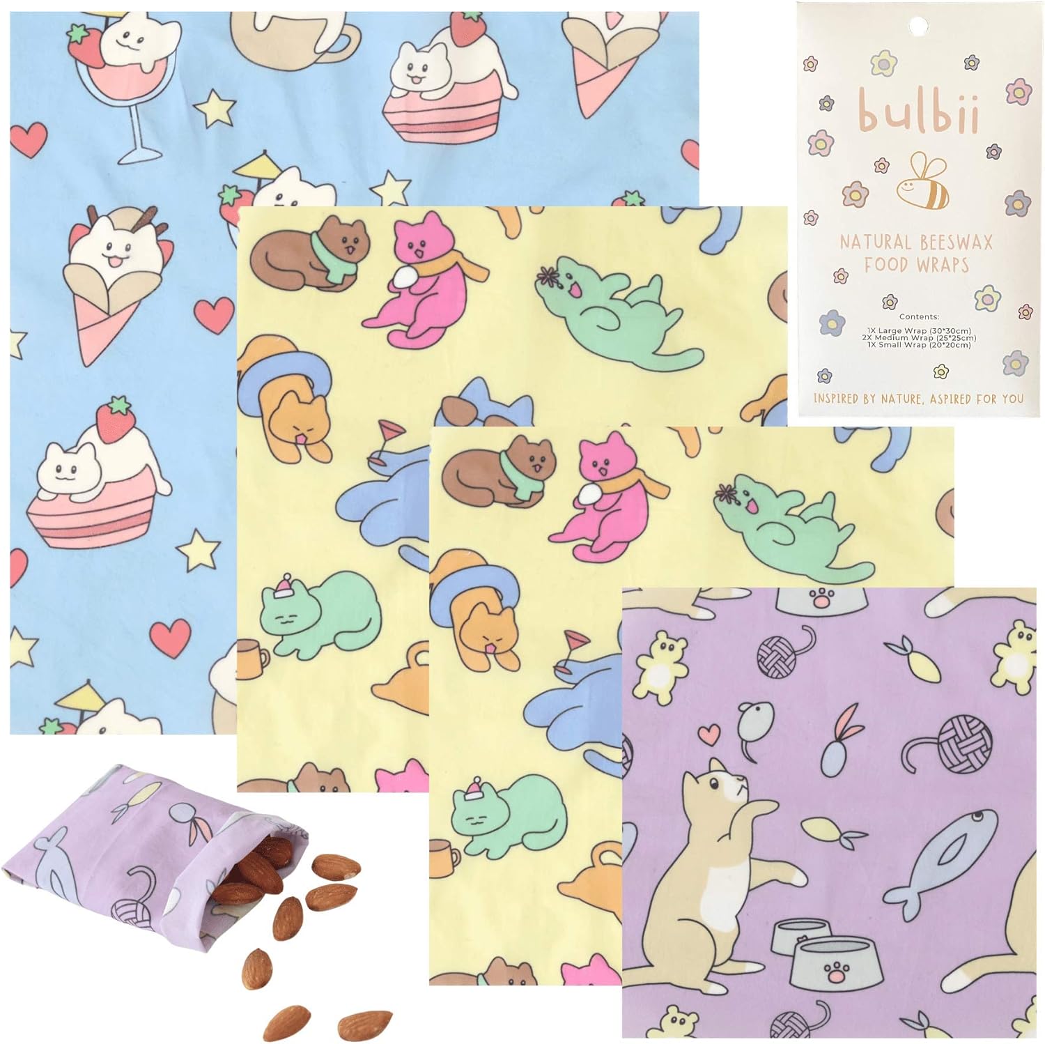 BULBII: Beeswax Wraps for Food - Cute & Colorful Set of 4 Beeswax Wraps for Fun, Vibrant and Sustainable Food Storage | Eco-Friendly, Organic Reusable Beeswax Wrap - Alternative to Plastic Wrap