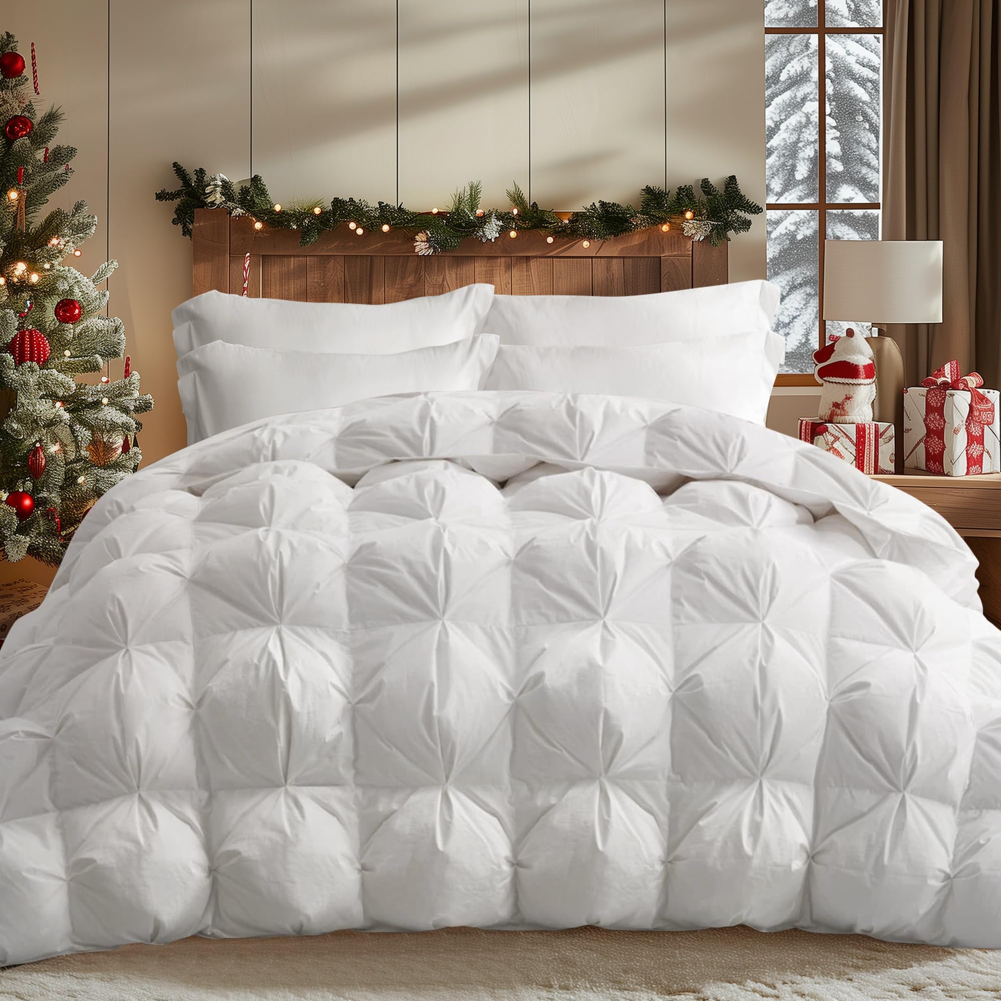 Photo 1 of puredown® Feather Comforter Oversize King Size, Pinch Pleat White Duvet Insert with Corner Ties, All Season Breathable Ultra-Soft Hotel Collection Comforter