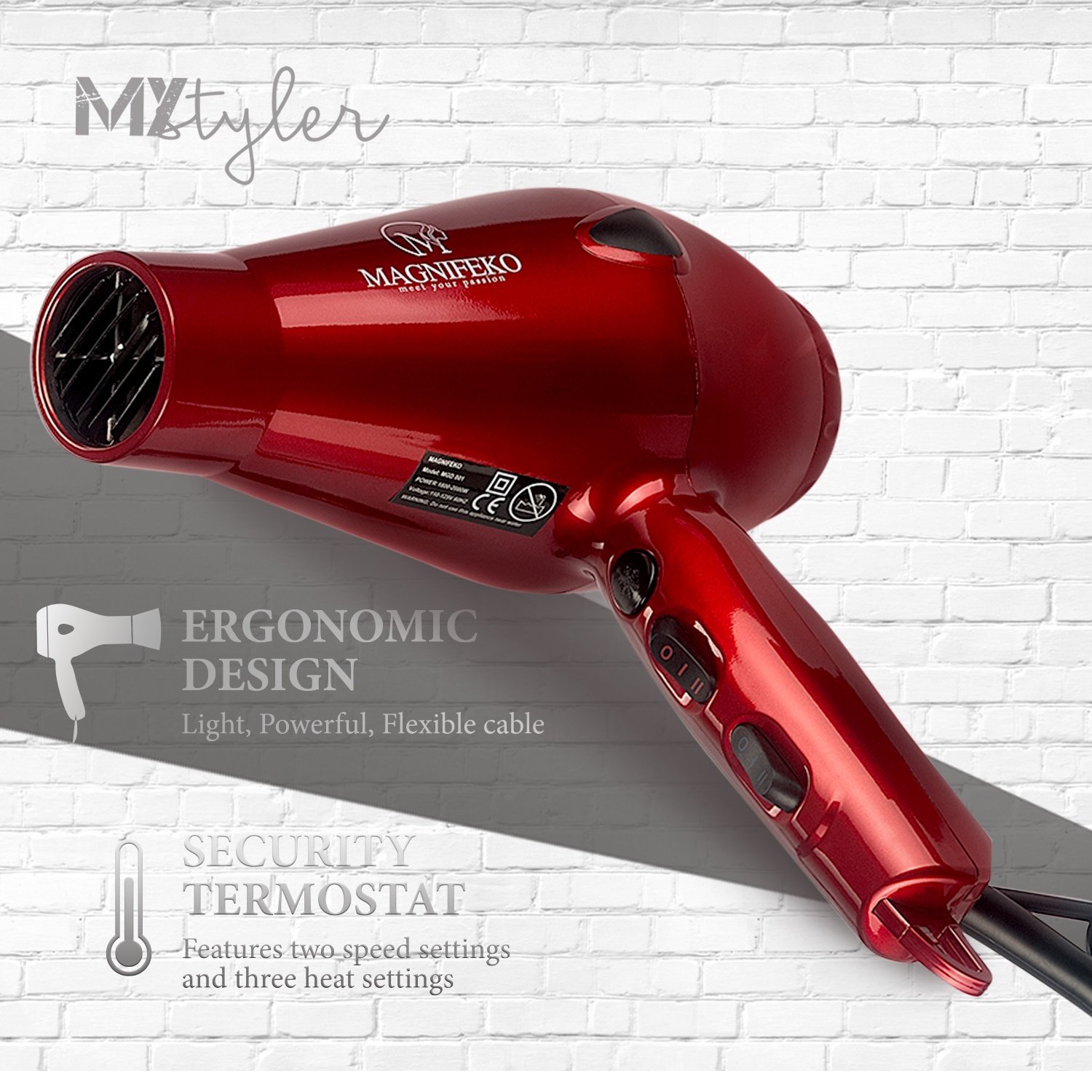 Magnifeko 1875W Professional Hair Dryer with Ionic Conditioning - Powerful, Fast Hairdryer Blow Dryer - 2 Speeds, 3 Heat Settings
