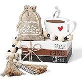 WODOHOLO Coffee Bars Decor, 6 PCS Coffee Bar Decorations,Mini Wooden Book Stacks with Bead Garland, Coffees Bar Accessories for Tiered Tray,Table,Shelf,Rustic Farmhouse Home Decor