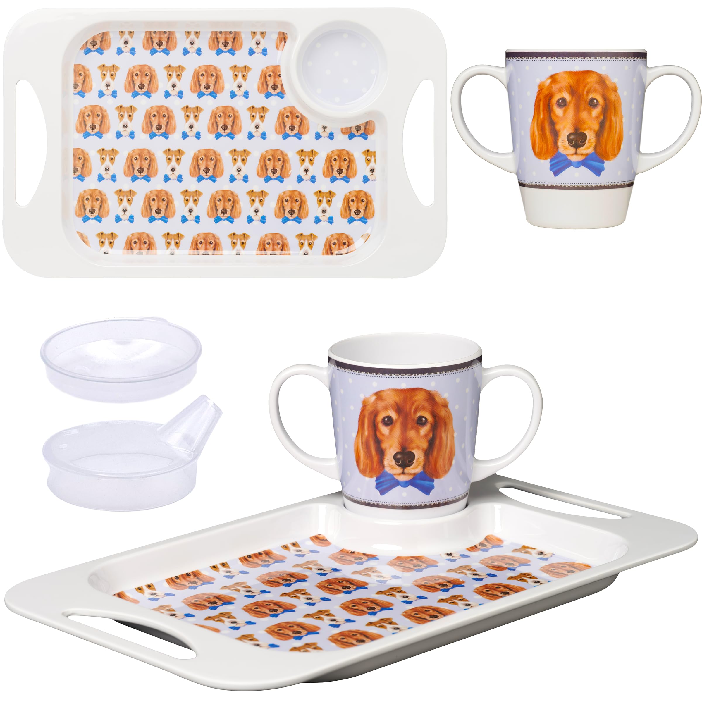 Rosa Lifestyle Sippy Cup for Adults, Cup lids & Coordinating Snack Tray Bundle for Elderly. 400ml/14oz Cup Capacity, Tray 33.8cmx20.6cm. Lightweight, Melamine, Perfect Snack Bundle (Dog)