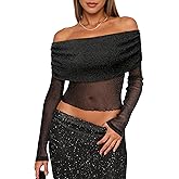 FEMLE Women Sparkly Off The Shoulder Sheer Mesh Tops Glitter See Through Long Sleeve Foldover Top Party Concert Outfits