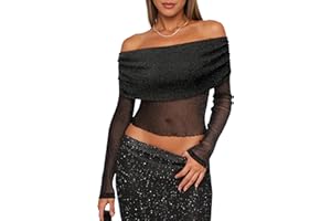 FEMLE Women Sparkly Off The Shoulder Sheer Mesh Tops Glitter See Through Long Sleeve Foldover Top Party Concert Outfits