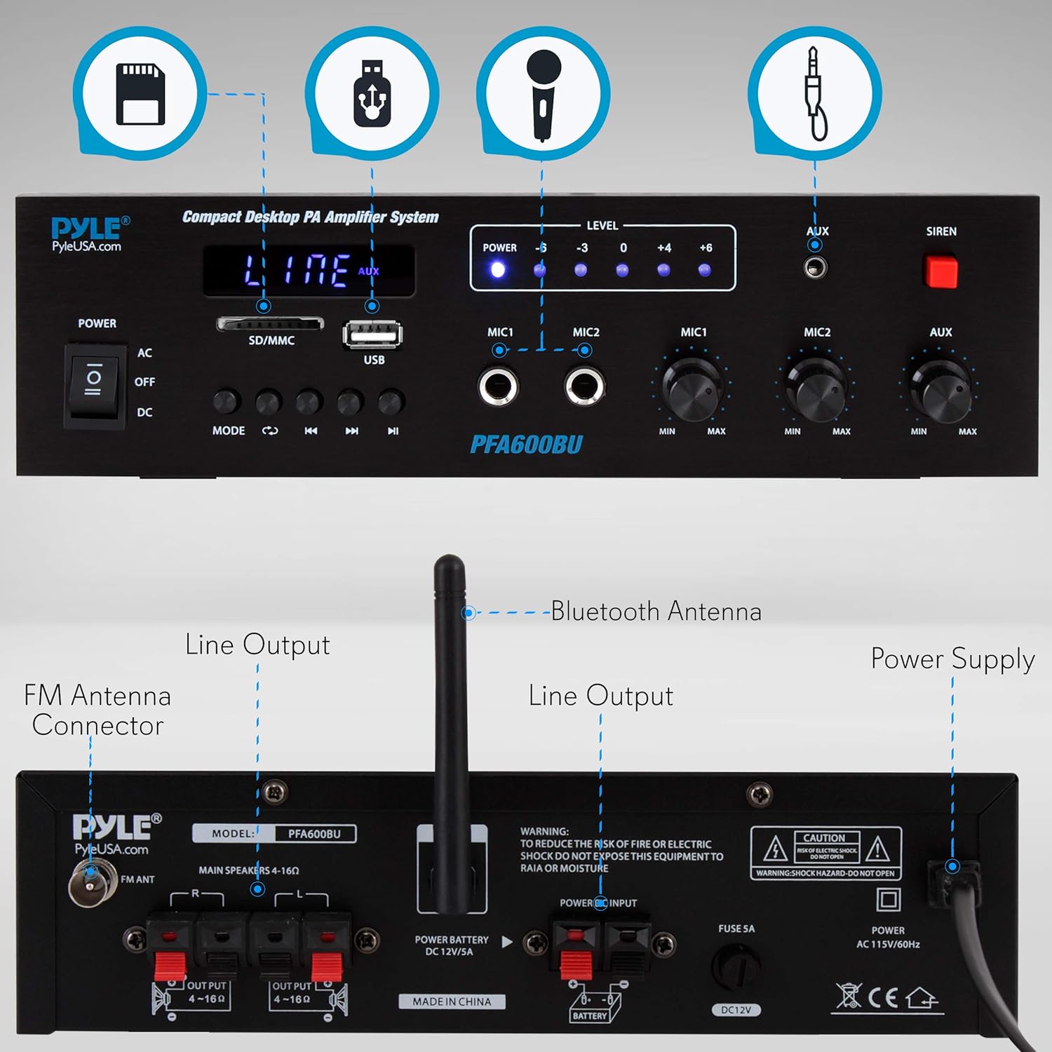 Wireless Bluetooth Karaoke Amplifier Home Car Bus Tours 300 Watts 2 Channel Digital Home Audio PA Receiver System 2 Microphone Input Control, FM Radio, USB,12 Volt Power Option Pyle PFA600BU: Electronics