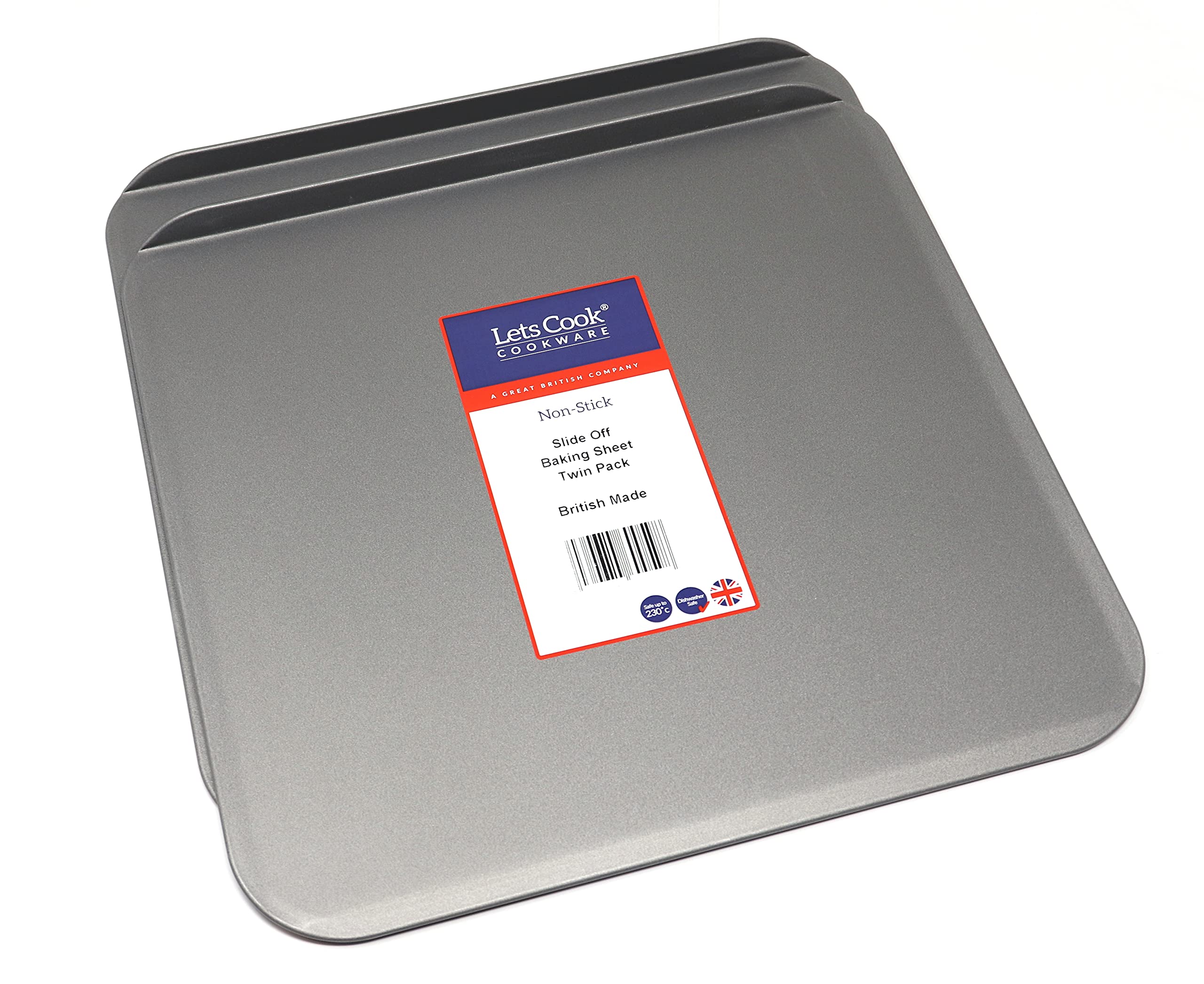 Lets Cook Cookware - Slide Off Baking Cookie Sheets, Twin Pack (Set of 2), Teflon Non Stick, British Made