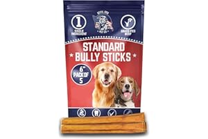 Devil Dog Pet Co. Bully Sticks – 6 Inch, 5 Pack, Standard Sized Dog Chews, 100% Natural, Single Ingredient, Free-Range Grass-Fed Beef – Long Lasting, Rawhide-Free Treats for Dogs