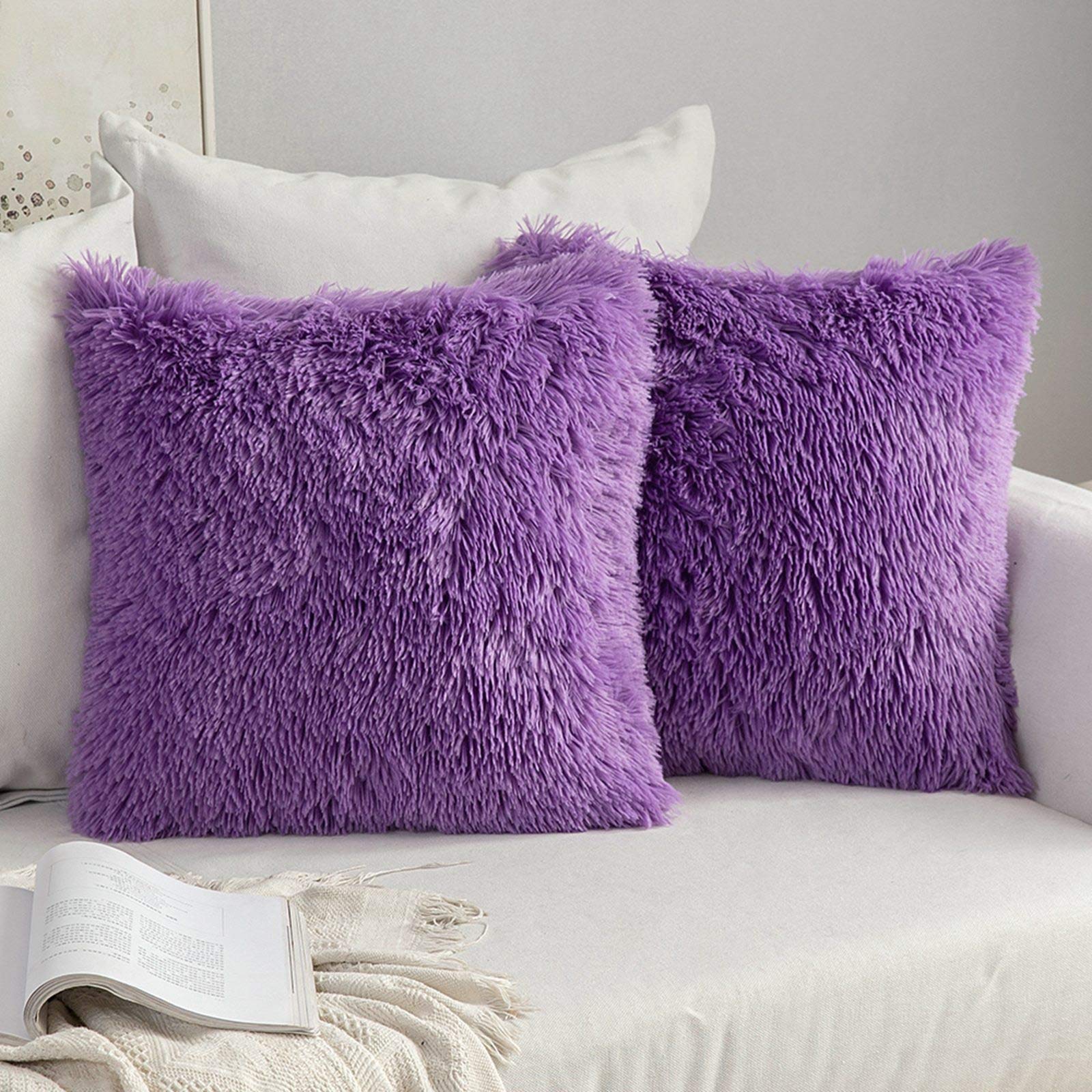 MIULEE Pack of 2 Faux Fur Throw Pillow Cover Fluffy Soft Decorative Square Pillow covers Plush Case Faux Fur Cushion Covers For Livingroom Sofa Bedroom 16"x16" Purple