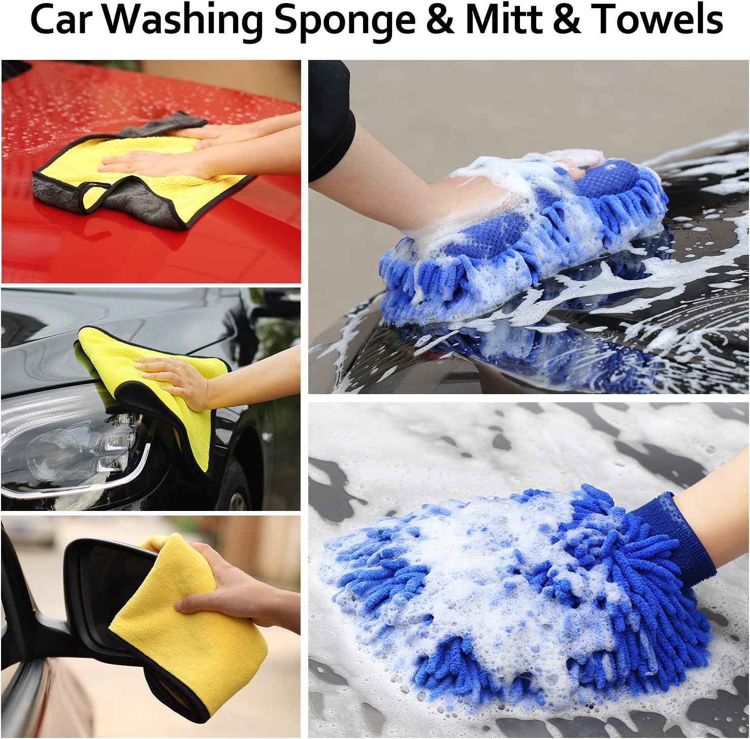 AUTODECO 4Pcs Car Wash Cleaning Kit - Premium Chenille Microfiber Wash Mitt 1Pcs, Wash Sponge Glove 1Pcs, Microfiber Towels 2Pcs - Lint Free - Scratch Free: Automotive