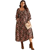 RWJ Women's Plus Size Fall Dress Long Sleeve Square Neck Floral Print Smocked A Line Boho Flowy Maxi Dresses with Pockets