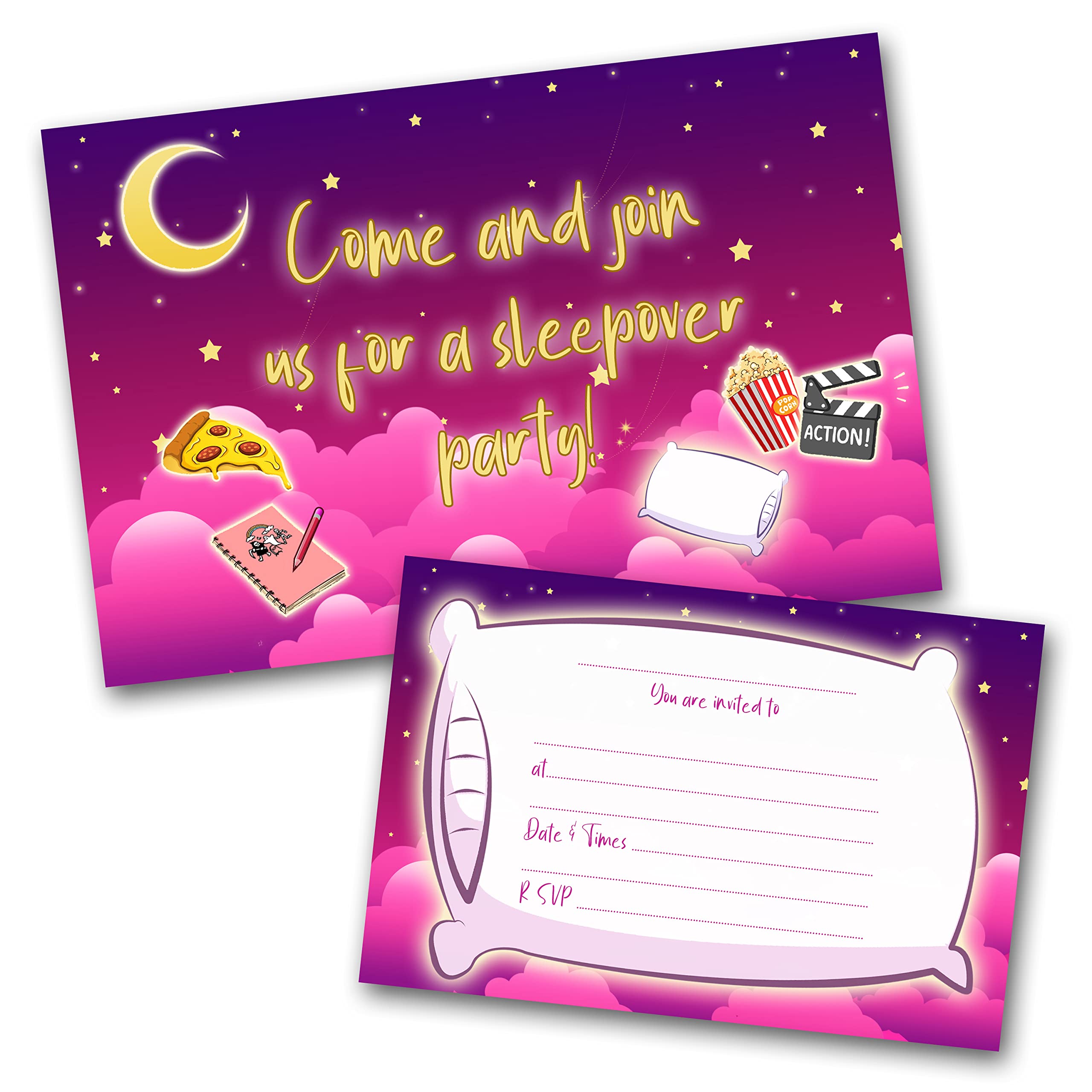 Sleepover Party Invitations Pack & Invites Envelopes (WRITE ON) (Pink Pack of 8)