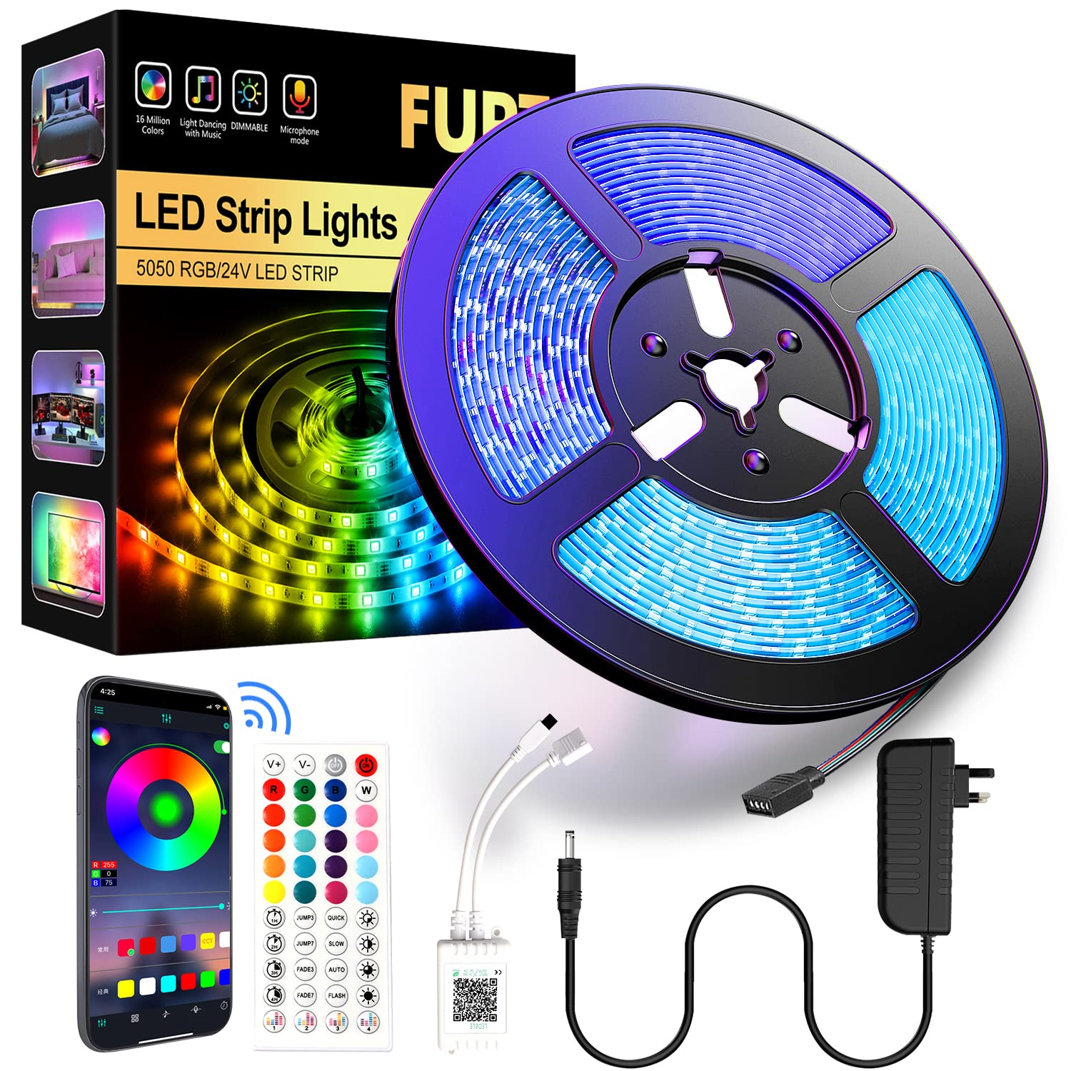 FUPT Led Strip Lights,(15m) Smart Light Strips with App Control Remote,5050 RGB Led Lights for Bedroom,TV Music Sync Color Changing Lights for Room Party