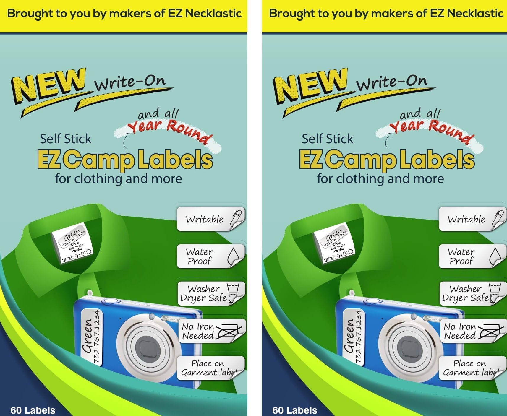 Labels SELF-Stick Write-ON EZ Camp Labels (2-Pack/60 Labels Each) for Clothing and All Personal Items - 120 Total No-Iron Kids Clothing Labels - Washer and Dryer Safe