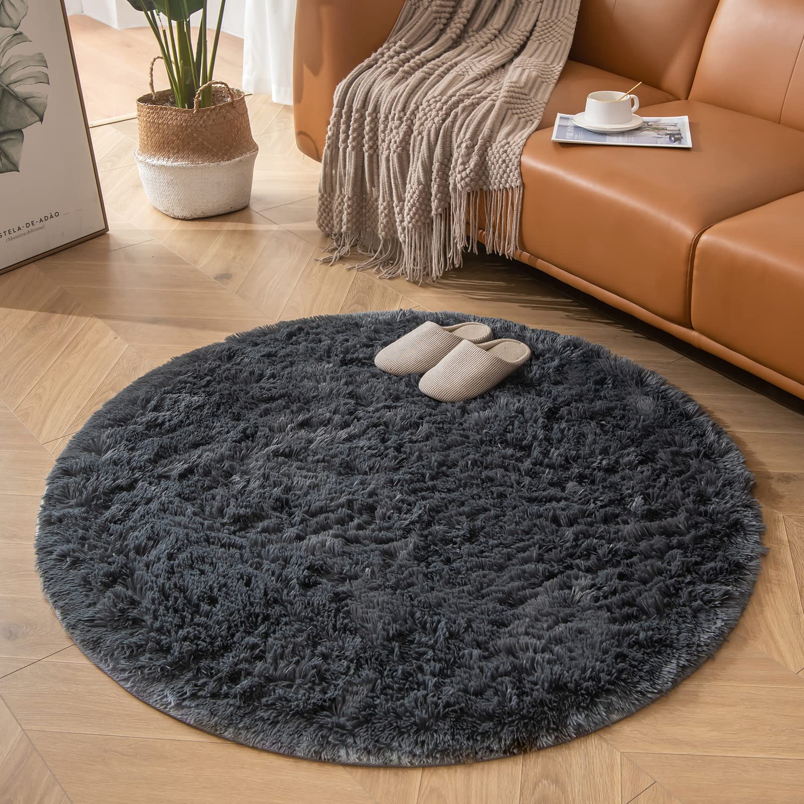 CHOSHOME Round Fluffy Grey Rug - 80CM Non Slip Washable Soft Carpet Shaggy Area Mat for Living Room, Bedroom, Kids Room Indoor Floor Decor