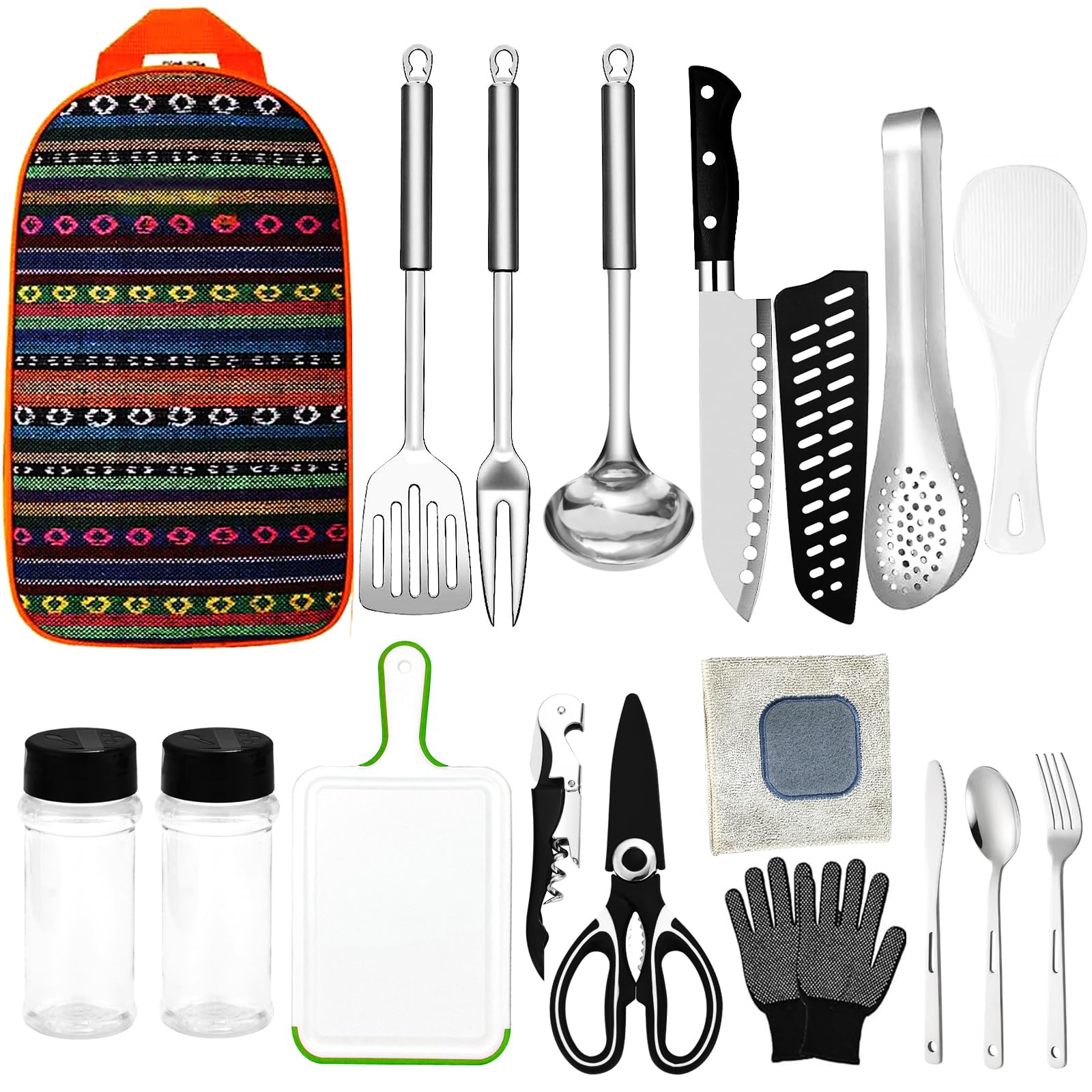 Jorunhe 17PCS Portable Camping Cooking Utensils Set - Camping Essentials with Stainless Steel, Mixed Colours, 17PCS Size - Mess Kit for Travel, Picnics, RVs, BBQs, Hiking