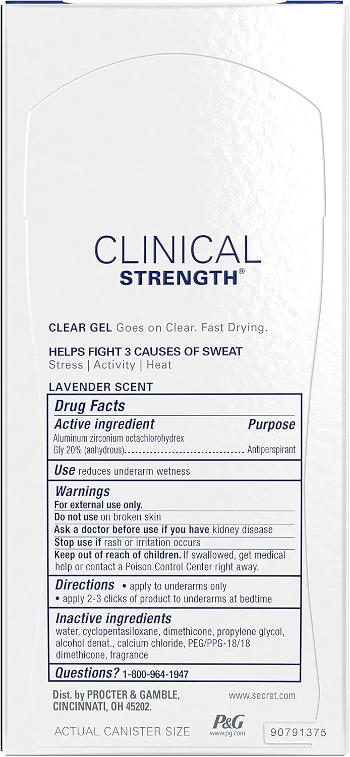 Secret Antiperspirant Clinical Strength Deodorant for Women, Clear Gel, Clean Lavender, 2.6 oz : Beauty