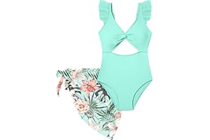 ADIRUN Girls One Piece Swimsuit Cut Out Ruffle Bathing Suit Twist V Neck Swimwear Solid Color with Cover Up Skirt 7-18T