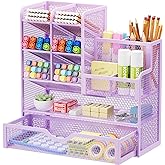 Marbrasse Mesh Pen Holder for Desk, Multi-Functional Pencil Organizer with Drawer, Desk Organizers and Accessories for Office Art Supplies (Purple)