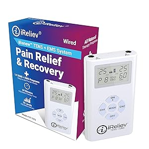 iReliev TENS + EMS Combination Unit Muscle Stimulator for Pain Relief & Arthritis & Muscle Strength - Treats Tired and Sore Muscles in Your Shoulders, Back, Ab's, Legs, Knee's and More