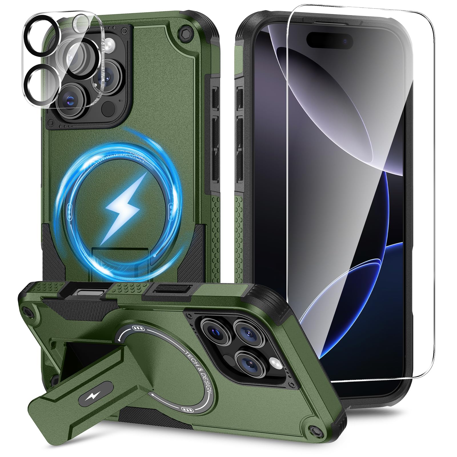 3 in 1 for iPhone 16 Pro Case [Compatible with MagSafe] [Invisible Kickstand] [HD Screen Protector] [Camera Lens Protector], Protective Magnetic Phone Cover for iPhone 16 Pro (Green)