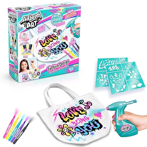 Airbrush Fashion Design Kit for Kids – Customise Your Own Bag & Clothes | Battery-Powered Airbrush, Stencils & Washable Fabric Markers | Reusable DIY Craft Kit for Girls Ages 6+
