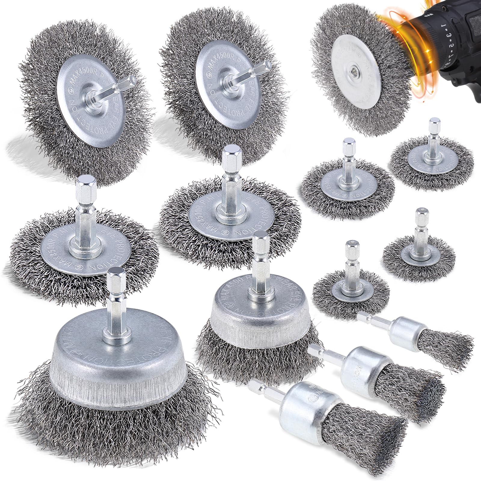 JIZZU Wire Brush for Drill 13Pcs, Wires Wheel Brush Cup Set with 1/4 Inch Hex Shank, Wire Wheel for Drill, Wires Brushes Kit for Cleaning Rust, Stripping and Drills Attachment