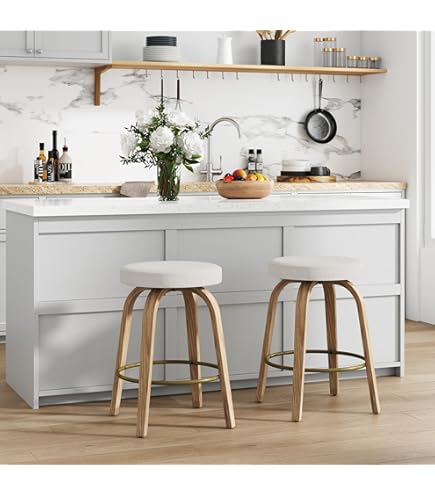 Vipbear Swivel Bar Stools With Back Set Of 2,26 Inch Linen Upholstered Counter Height Bar Stools For Kitchen Island, Round Footrest, Solid Wood Legs