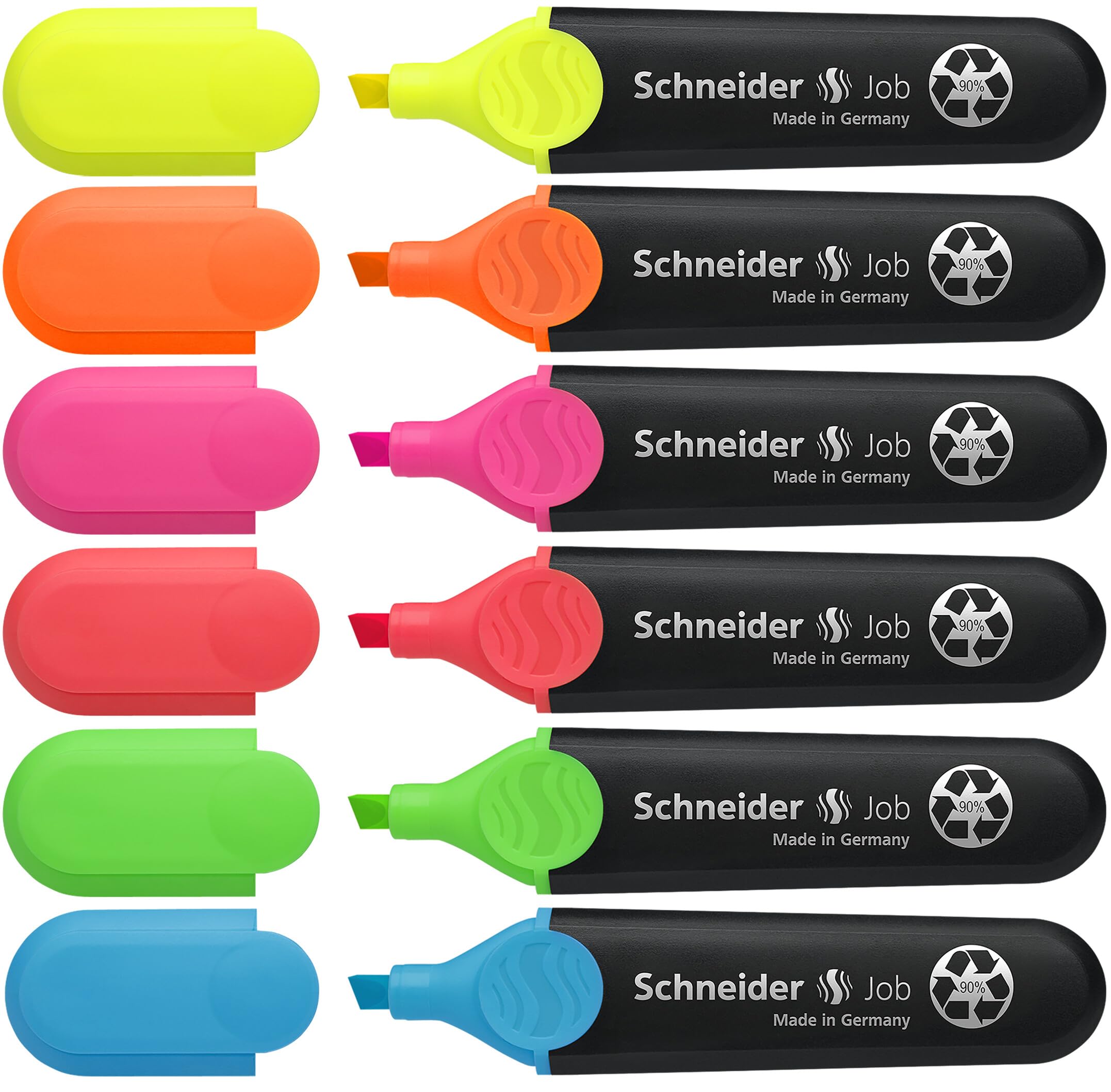Schneider Job 150 Textmarker (mit Keilspitze für zwei Strichstärken, ausgezeichnet mit Der blaue Engel) Grün, Gelb, Orange, Pink, Rot, Blau