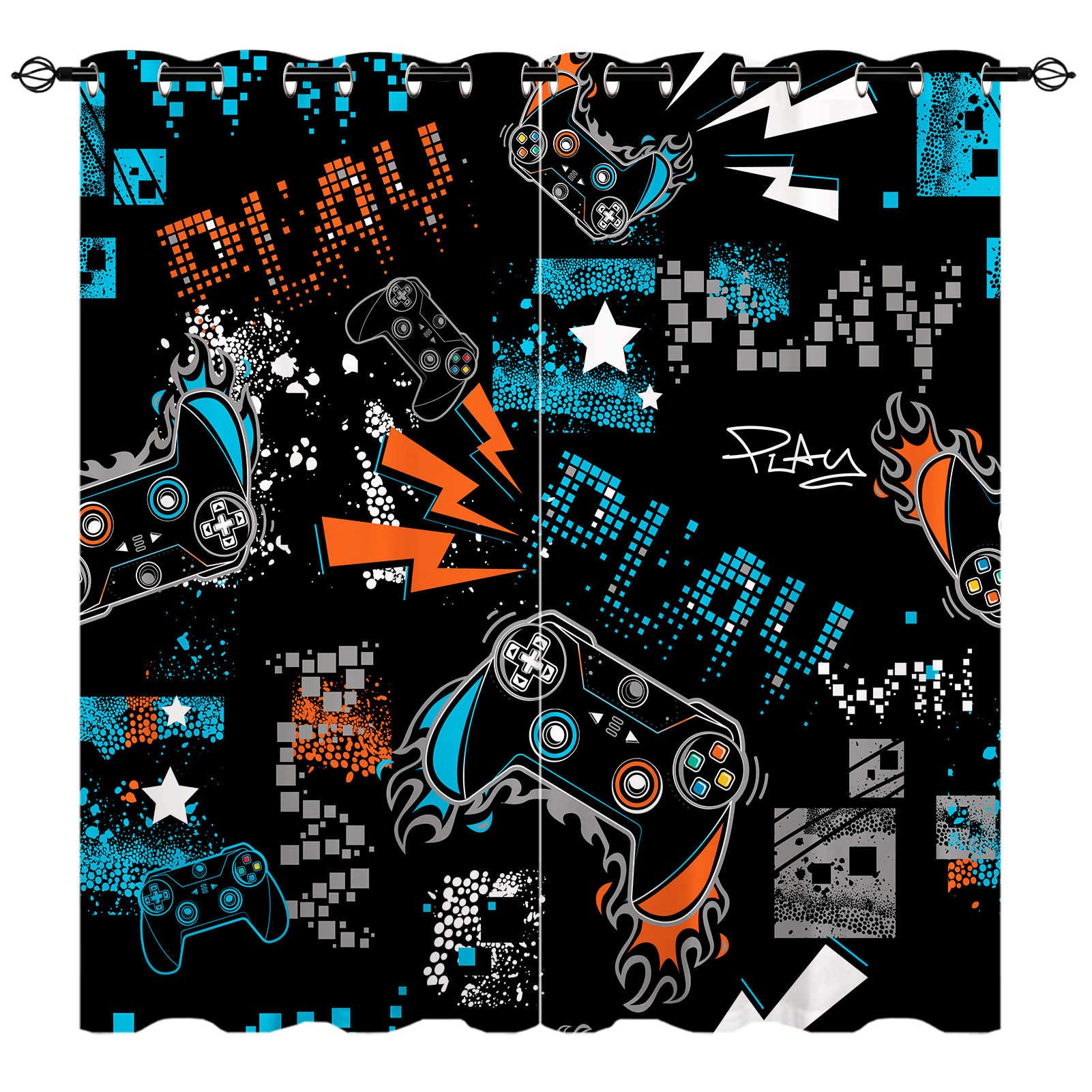 YUANZU Gamepad Curtains - Kids Graffiti Gamer Video Game Joystick Print Pattern Eyelet Blackout Thermal Insulated & Room Darkening Window Drapes for Boys Teen Bedroom Playroom 2 Panels W75cm x D166cm