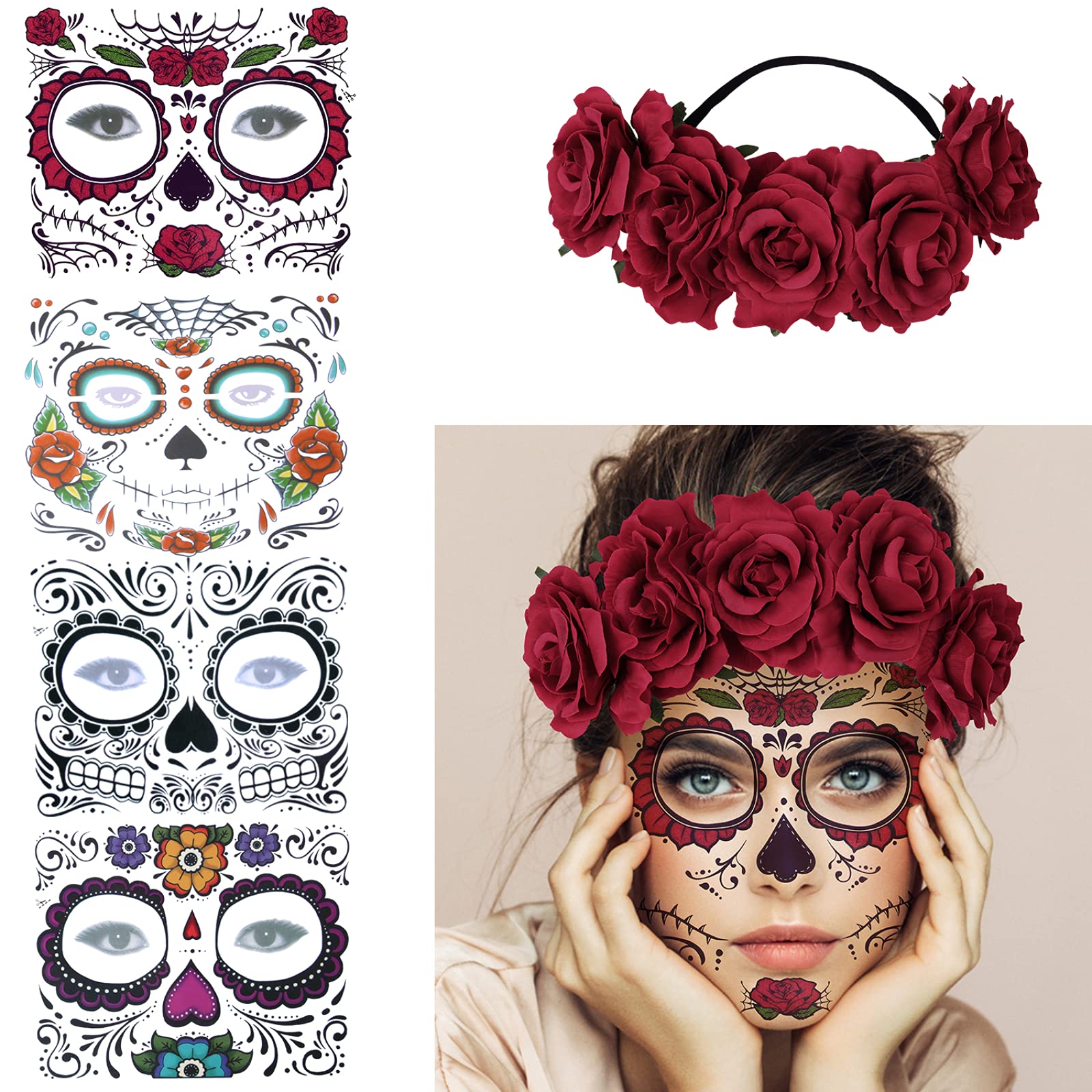 Photo 1 of 4 Kits Day of the Dead Sugar Skull Temporary Tattoos Makeup Face Tattoo for Men and Women with 1 Rose Red Flower Crown Headband for Halloween Costume