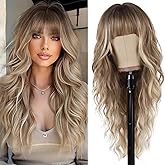 Wallden Hair Blonde Wigs with Bangs Ombre Long Curly Wavy Blond Wigs Wear and Go Heat Resistant Synthetic Women Wigs for Daily Party Use (26 inches)