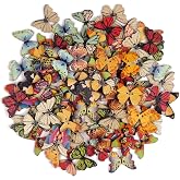 FINGOOO 100 PCS Butterfly Wooden Buttons,1 Inch Colorful 2 Holes Mixed Decorative Buttons for DIY Sewing&amp;Wood Craft Clothes Accessories