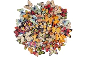 FINGOOO 100 PCS Butterfly Wooden Buttons,1 Inch Colorful 2 Holes Mixed Decorative Buttons for DIY Sewing&Wood Craft Clothes Accessories