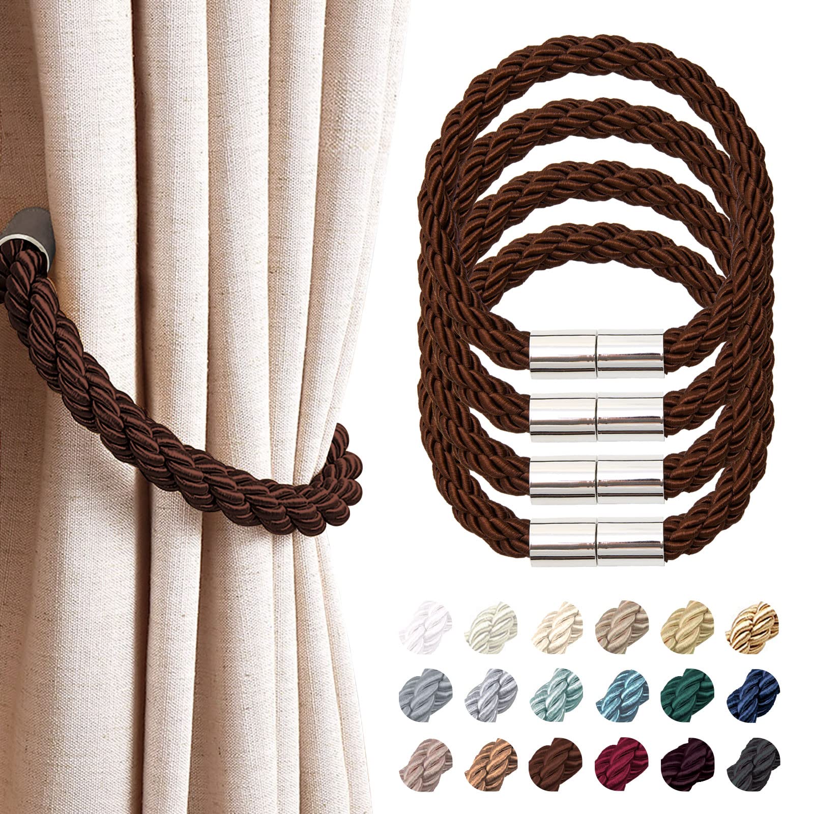 Pretty Jolly 4 Pack Strong Magnetic Curtain Tiebacks Modern Simple Style Drape Tie Backs Convenient Decorative Weave Rope Curtain Holdback for Thin or Thick Home & Office Window Drapery (Deep Coffee)