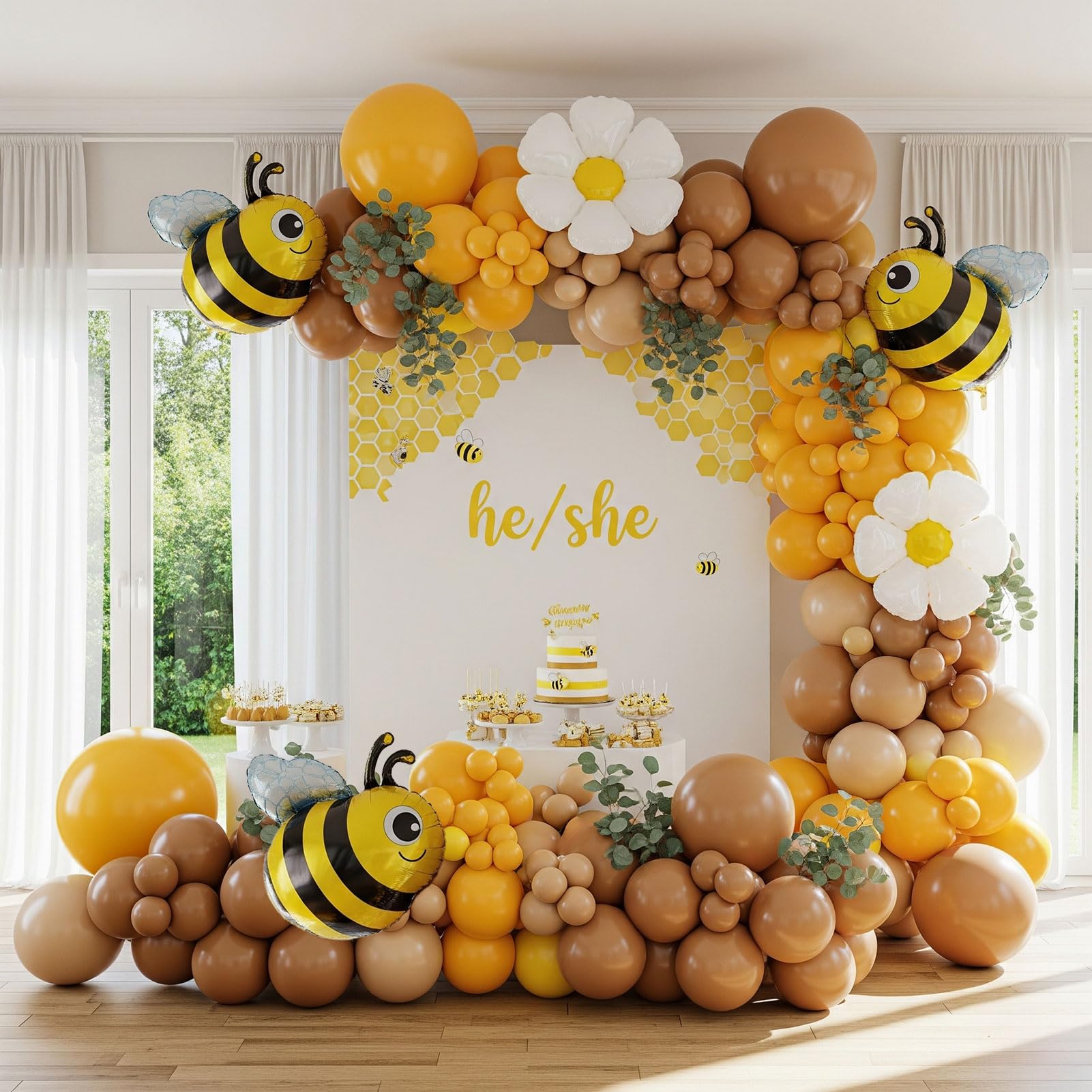 Photo 1 of Bee balloon garland arch kit Retro brown balloon with daisy balloons for little honey Birthday Party what will it bee Gender Reveal baby shower bride to bee decorations (brown yellow sand white)