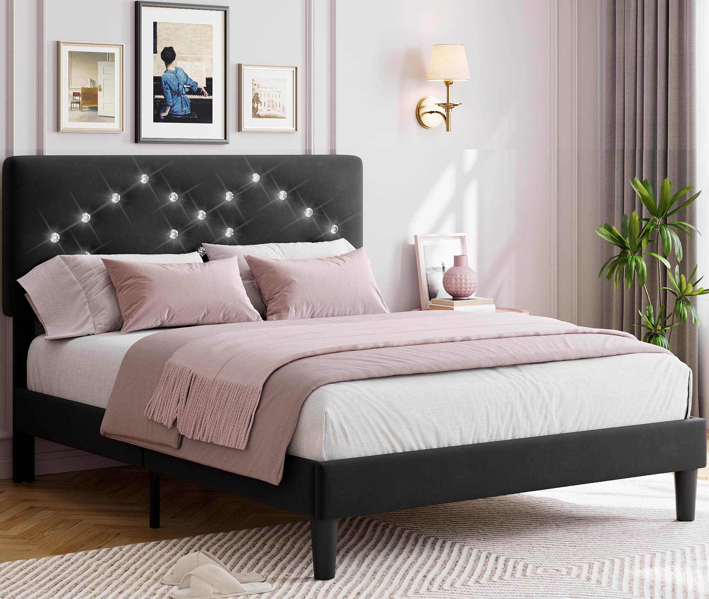 Photo 1 of GAOMON Full Size Bed Frame with Headboard, Upholstered Platform Bed Frames Full Size with Crystal Diamond Tufted for Girls/Kids Easy Assembly, Wooden Slats Support, No Box Spring Needed, Black