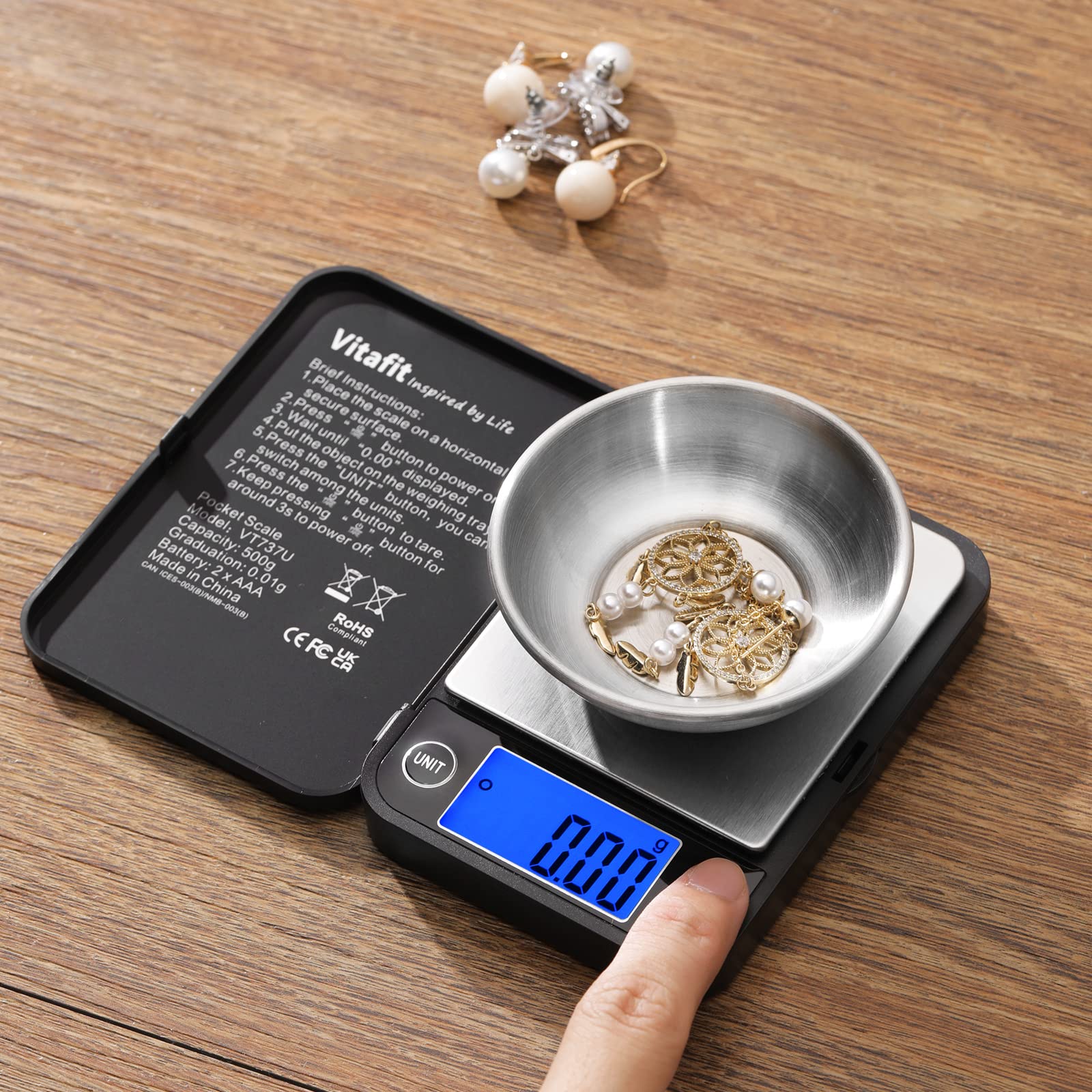 Vitafit 500g/0,01g Digitale Taschenwaage,Feinwaage,Digital Gramm Waage,Goldwaage Münzwaage mit LCD-Anzeige,Schmuckwaage,Schwarz 5