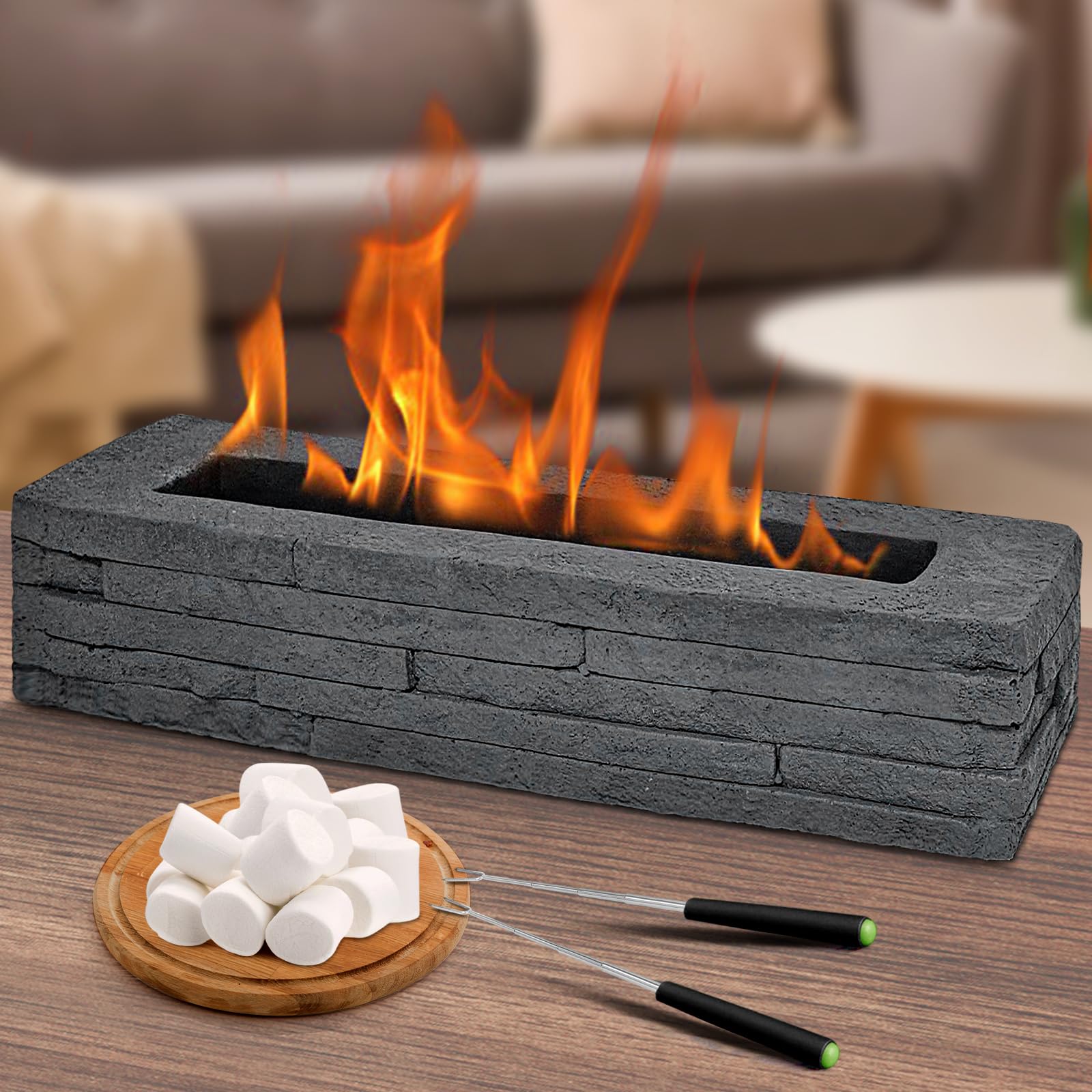 Photo 1 of Poolergetic Indoor Tabletop Fire Pit, 16" Desktop Mini Concrete Personal Portable Table Top Firepit Bowl with Sticks Smokeless Clean for Indoor Outdoor Picnic Setup Decor, Rectangular, Gray