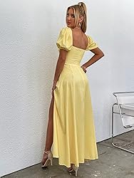 Women's Summer Puff Sleeve Floral Split Maxi Dress