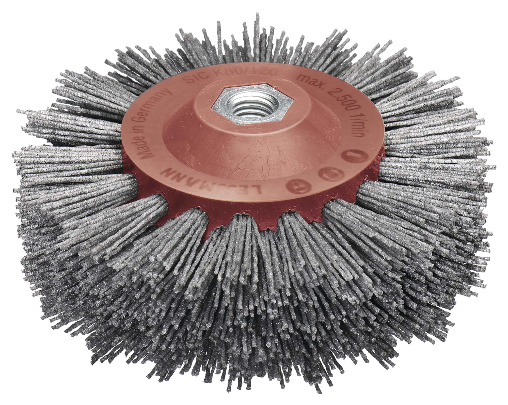 Lessmann 402890 Round Brush Punched Grey Diameter 140 mm (18 x 13 Rows, Attachment: M14, Thread Thickness 1.2 mm Abrasive Bristles with Silicon Carbide Grain, Suitable for Woodworking, for Large Surfaces