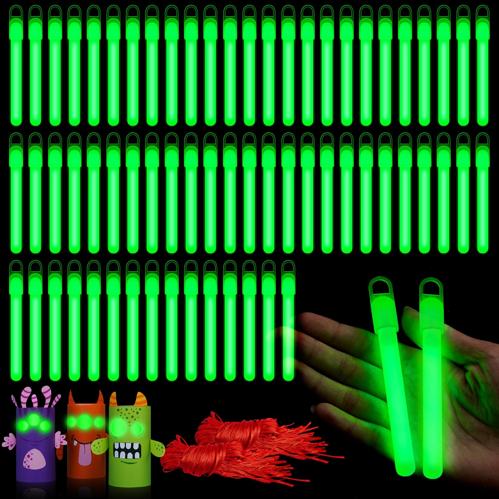 Photo 1 of Lewtemi 50 Set 4'' Glow Sticks Bulk, Hallowee Glow in The Dark Party Supplies, Emergency Light Sticks with Lanyard, for Birthday, Light up, Neon, Halloween Theme Party Favors(Green)