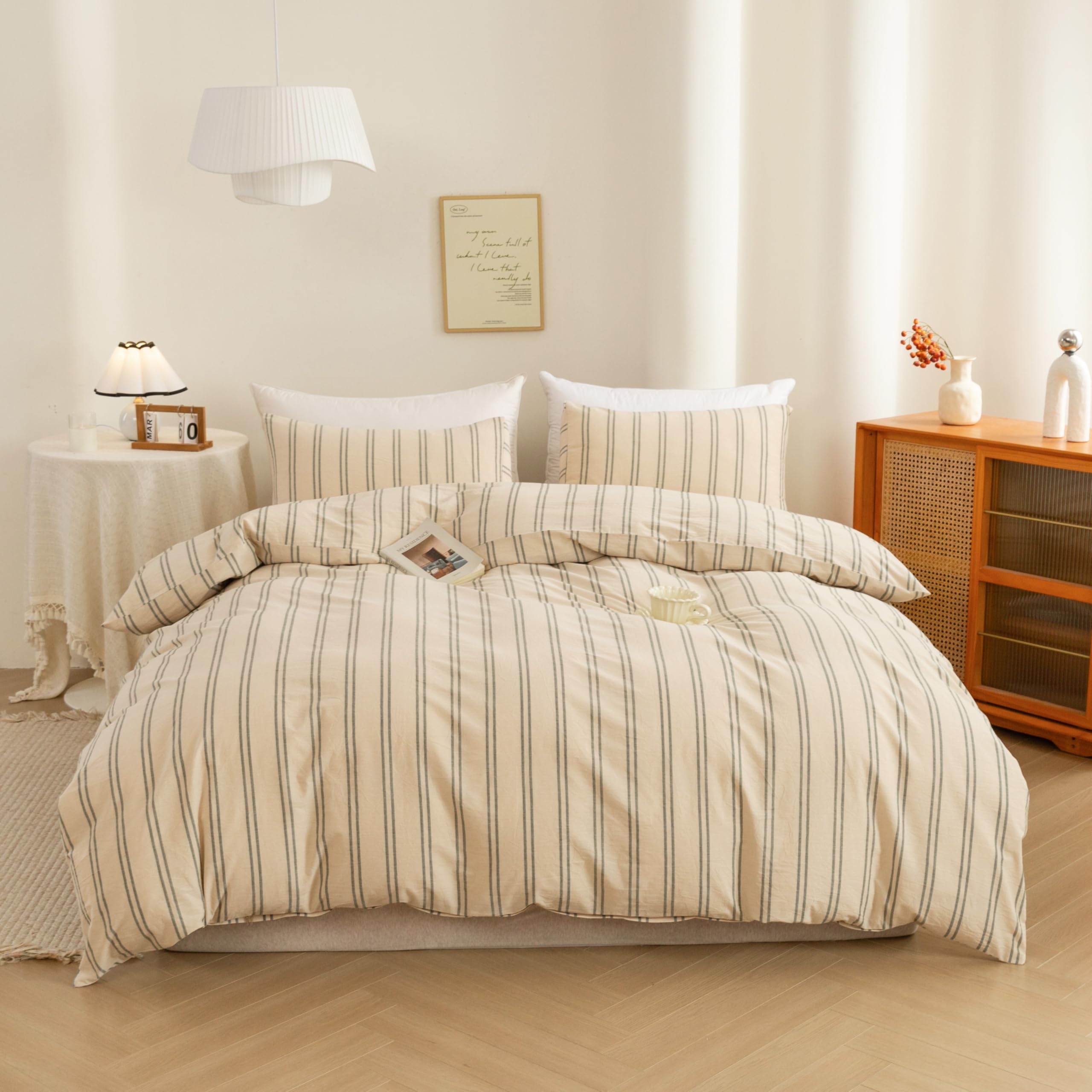 Photo 1 of ECOCOTT Duvet Cover Oversized King Size - Linen Feel Organic Natural 100% Washed Cotton, Soft Breathable & Durable Bedding Set, Comfy Stripe Design for All Seasons