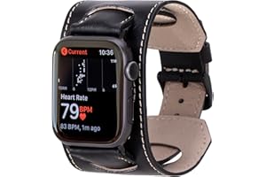HARDISTON Cuff Watch Band Compatible with Apple 45mm for Men & Women, Handmade Genuine Leather, Compatible with iWatch Series 11 10 9 8 7 6 5 4 3 2 1 SE Ultra, Wrist Bracelet Band, Medium/Band-Black